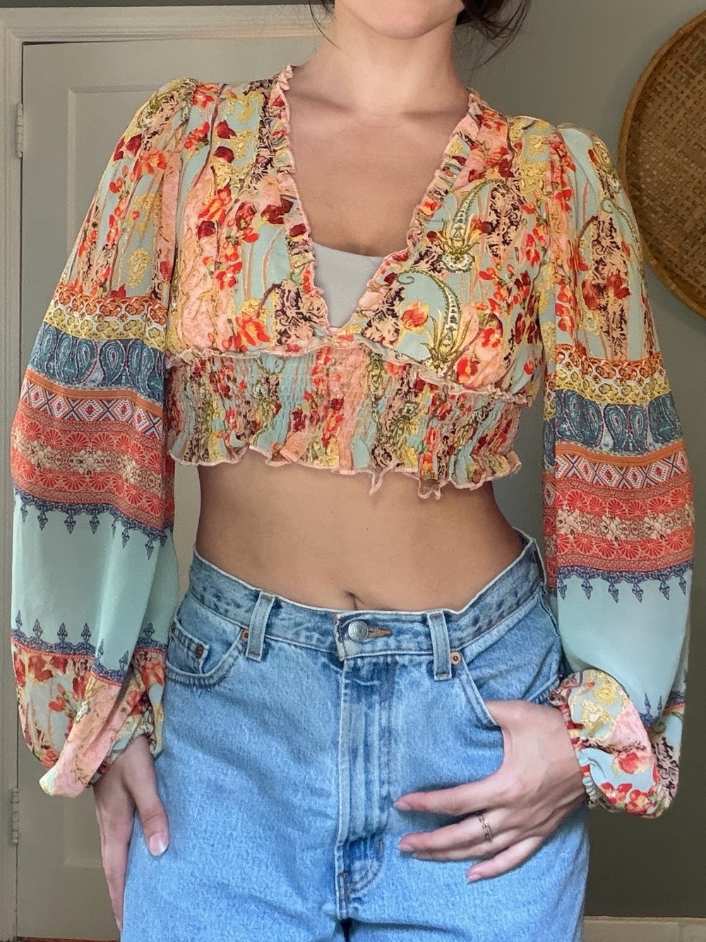 Sage & Coral Floral Smocked Cropped Peasant Top